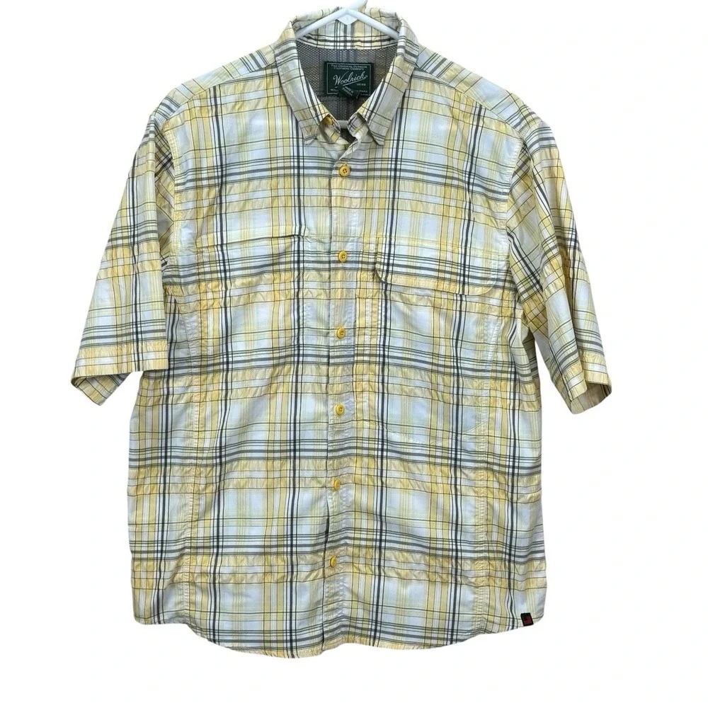 Woolrich Men's Catalyst Vented Hiking Fishing Shirt M Yellow Plaid Short Sleeve